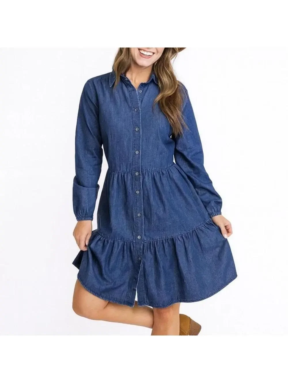 J Crew Shirt Dress Denim Chambray Long Sleeve Button Front Tiered Size 12 spring
